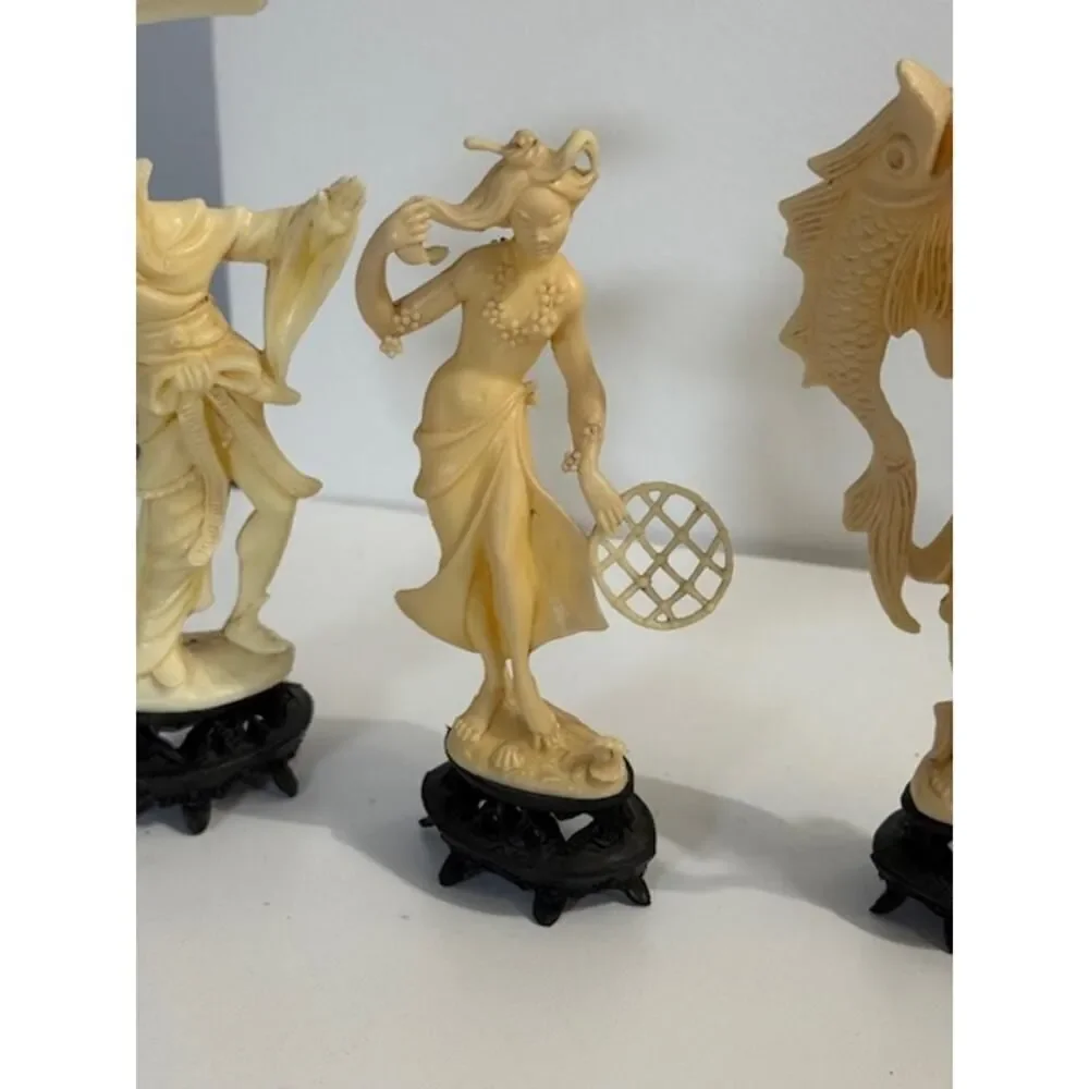 4 Statues Lot Asian Plastic Figurines Fish Sword Collectibles - Made in Italy